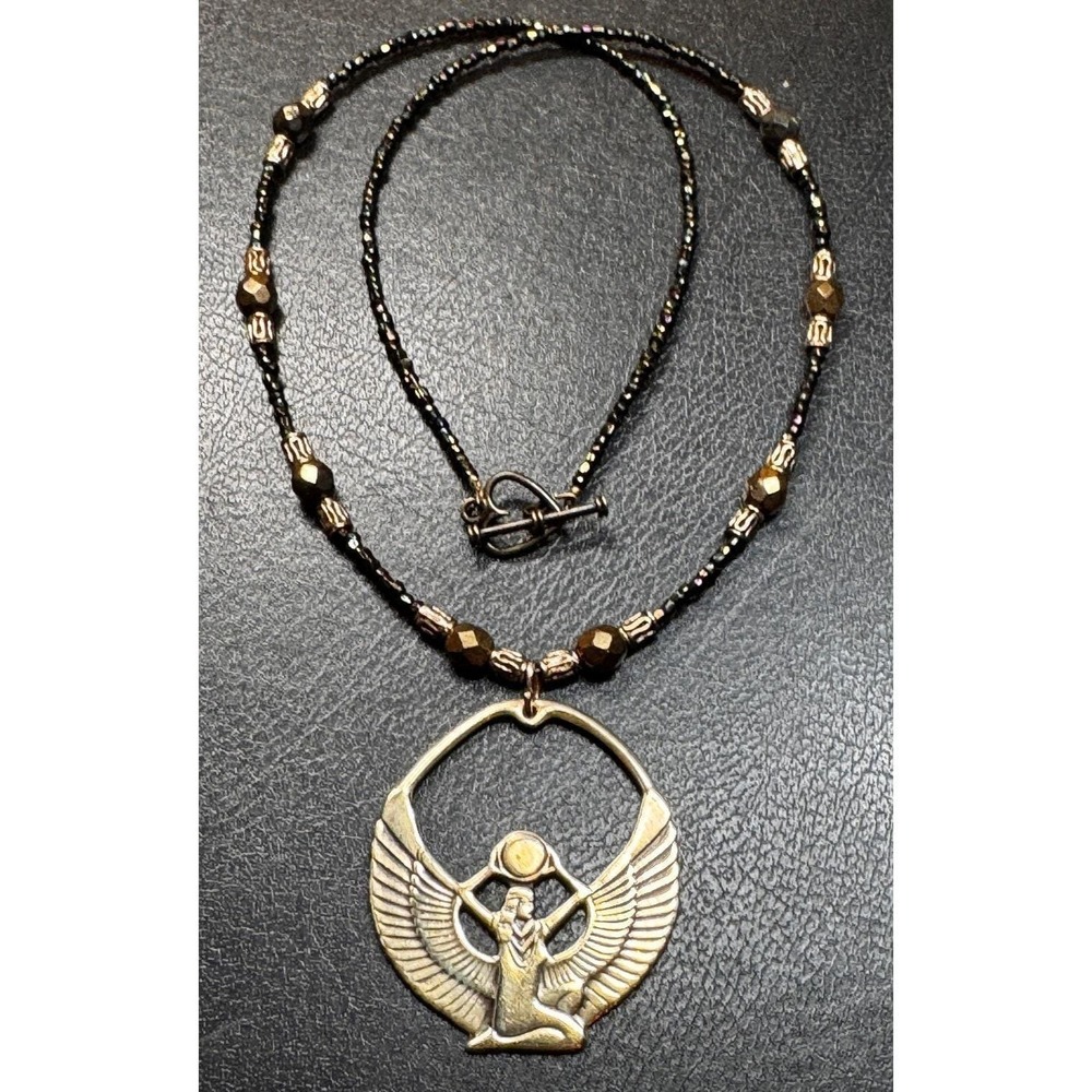 elegant handcrafted 20" beaded necklace with brass art deco style pendant
